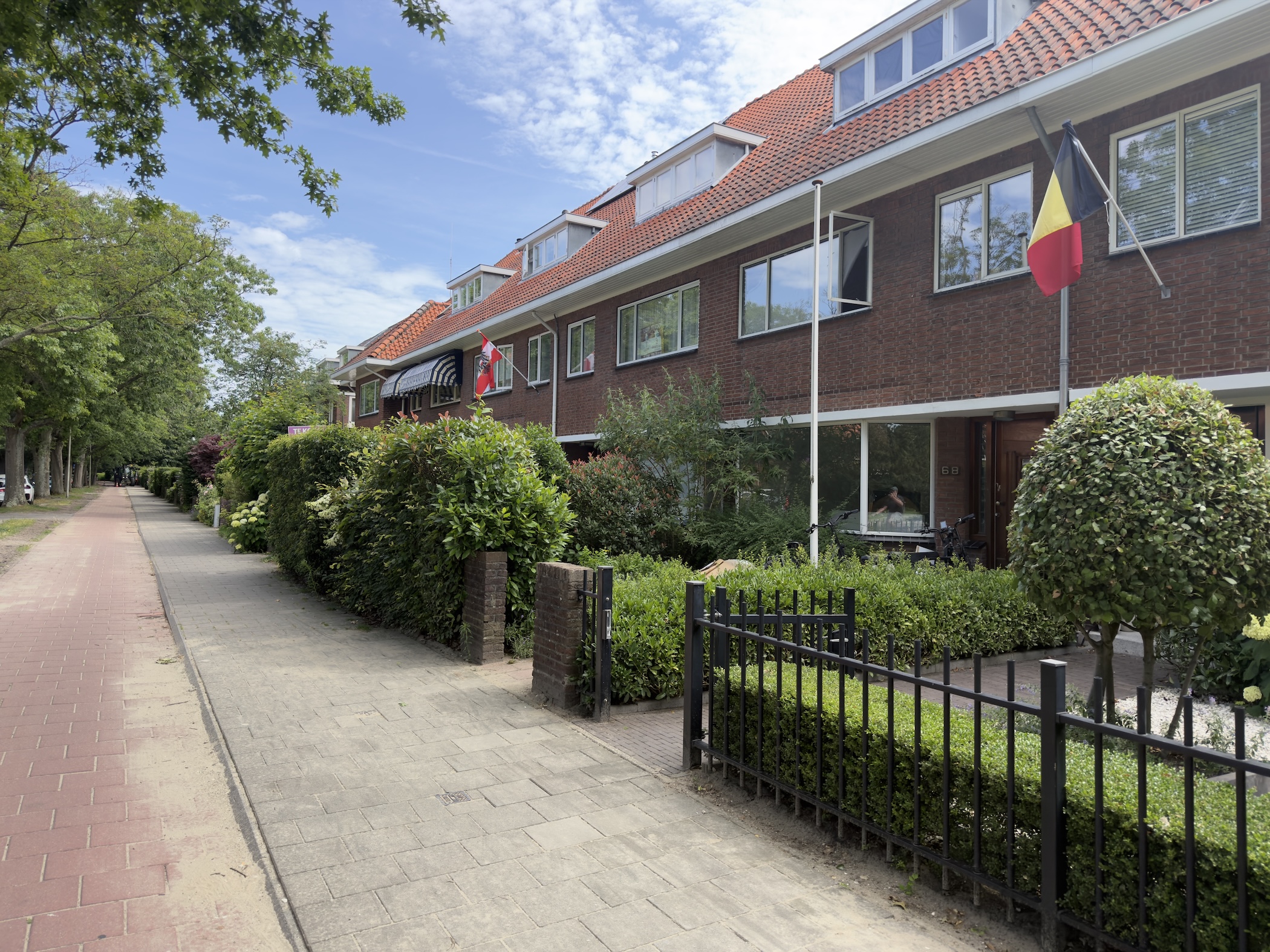 Brick terraced houses flying a Belgian flag behind neat hedges along a paved pavement.