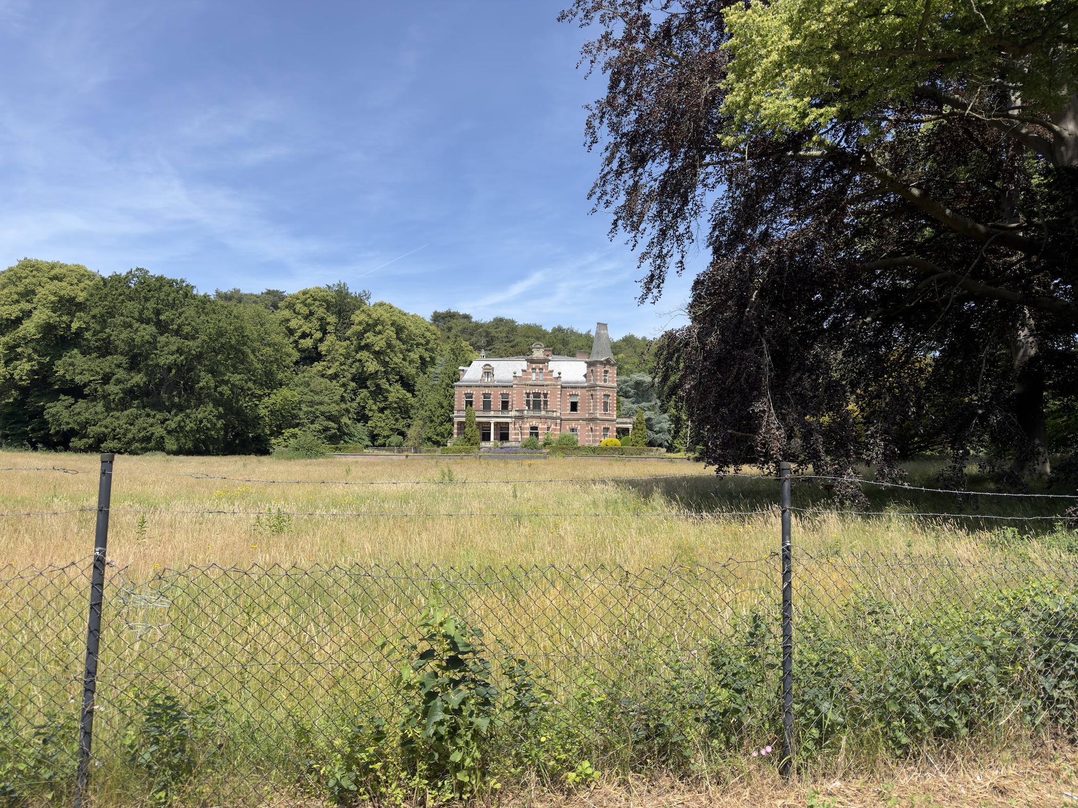 A grand stone country house across a meadow, seen through a wire fence and tall grass.