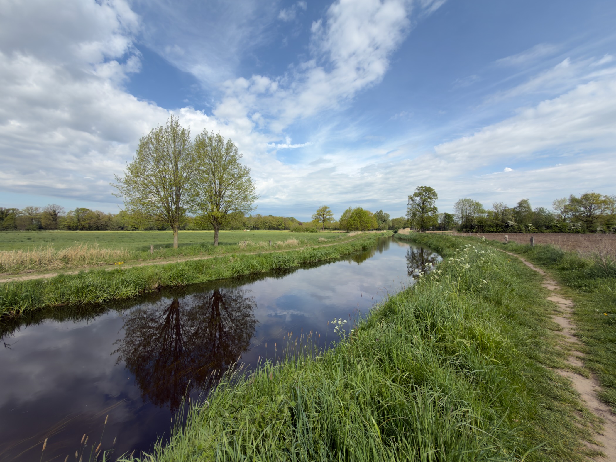 Calm canal mirroring trees and clouds beside a path through open countryside