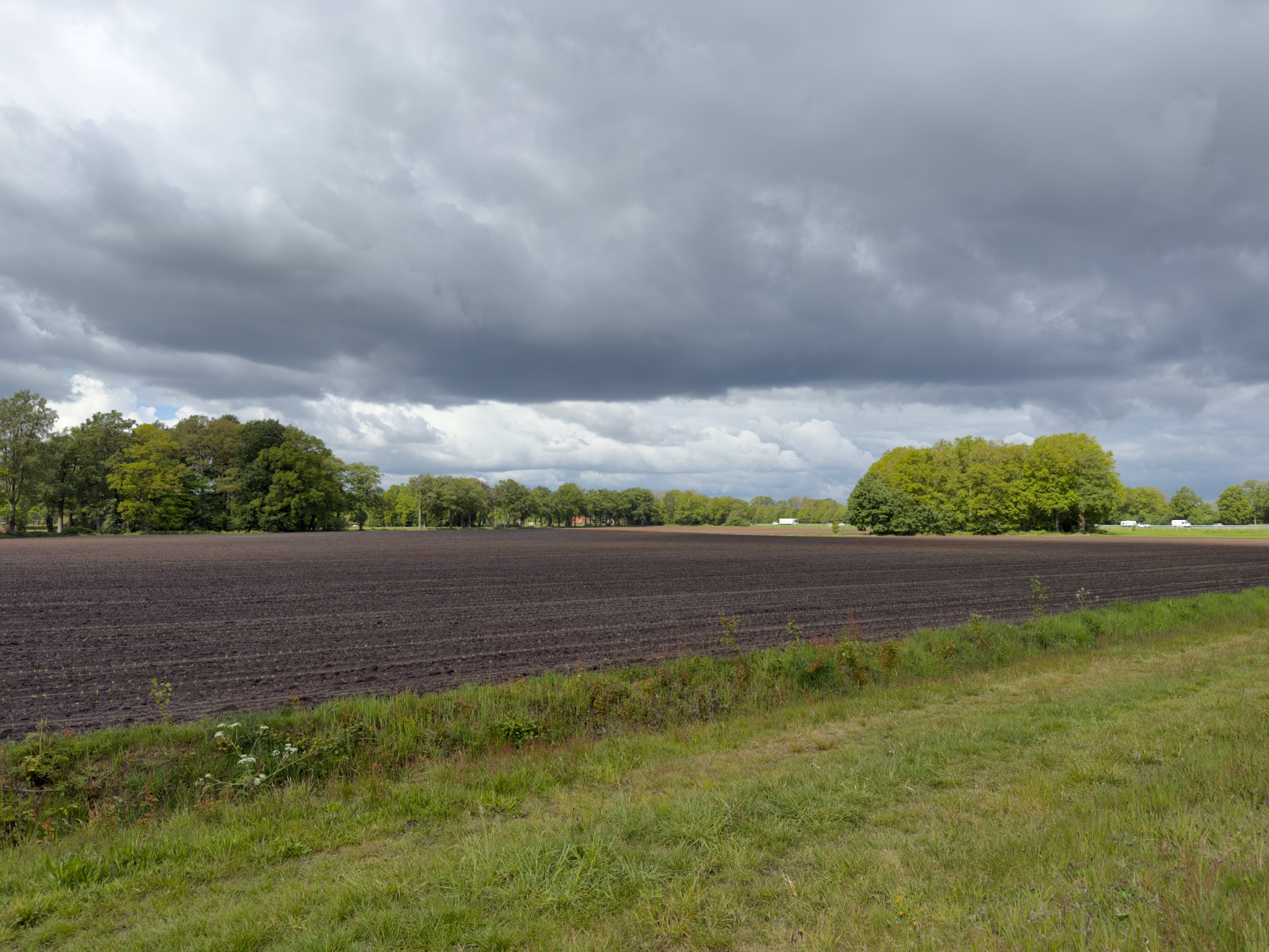 Freshly ploughed dark earth field beneath heavy grey clouds with bands of woodland on the horizon