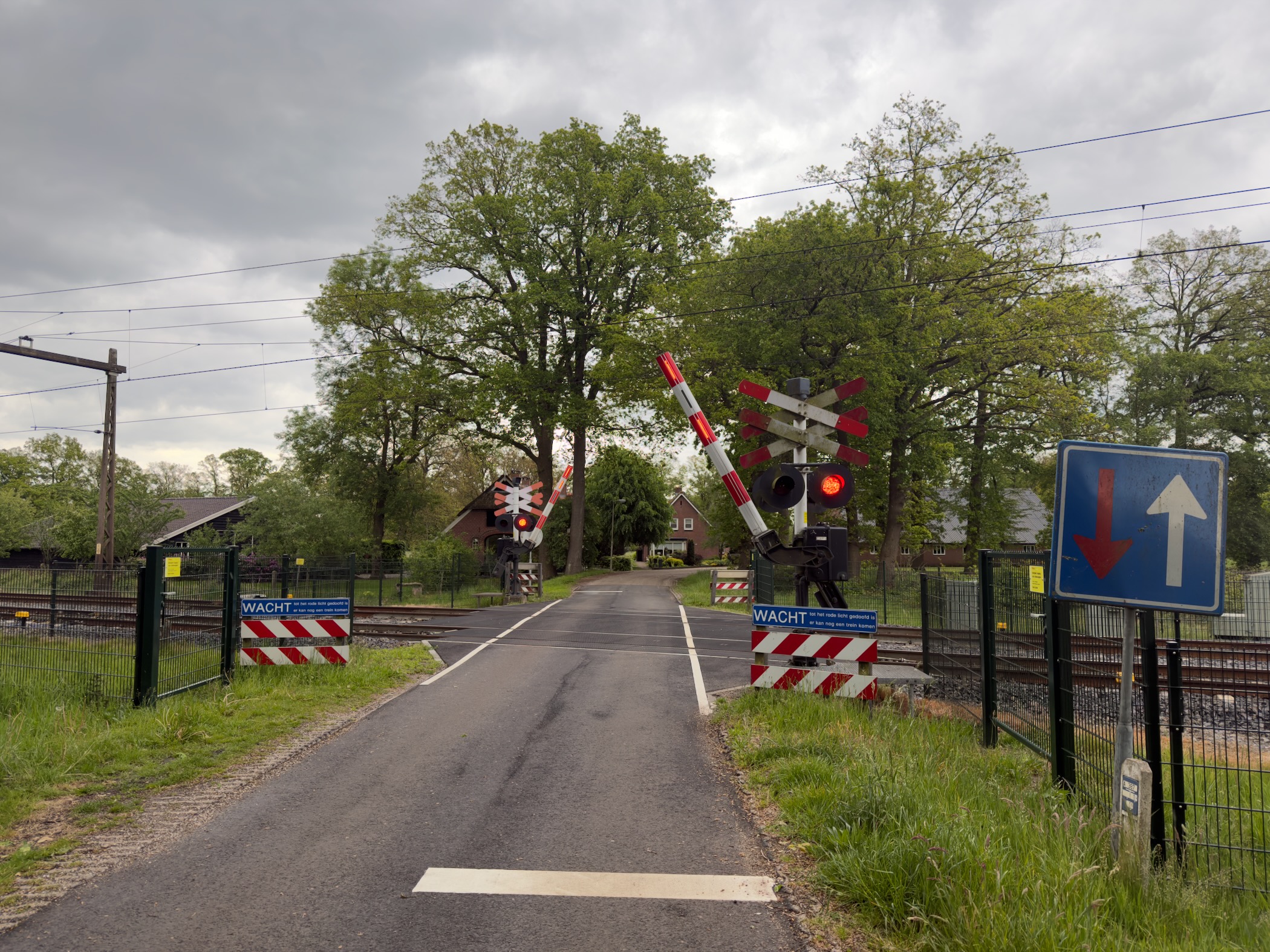 Railway level crossing with red and white barriers and warning lights against a backdrop of mature trees