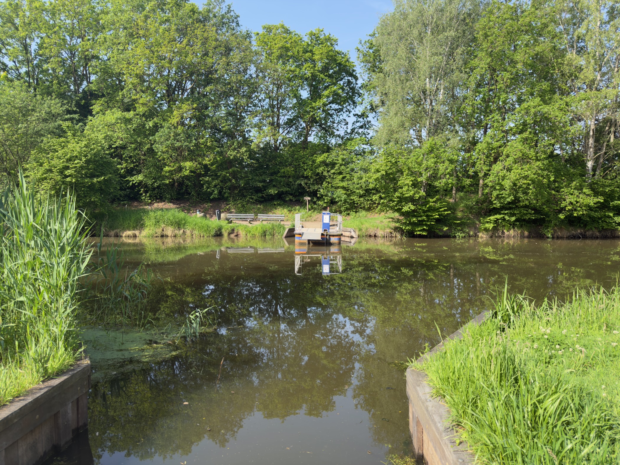 Small pedestrian cable ferry across the river Regge seen from a distance, surrounded by reeds and trees