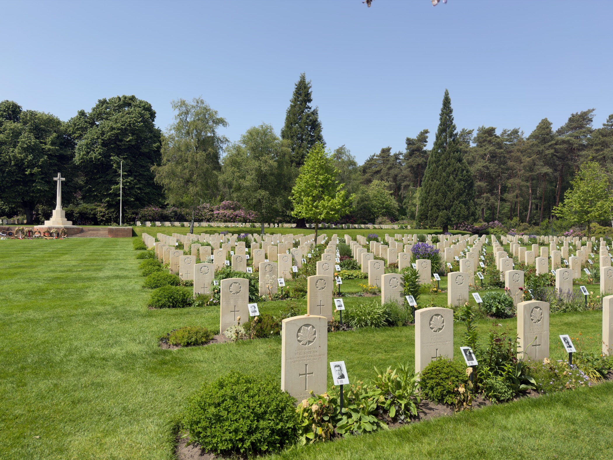Close view of headstones at the Canadian War Cemetery with the Cross of Sacrifice in the background