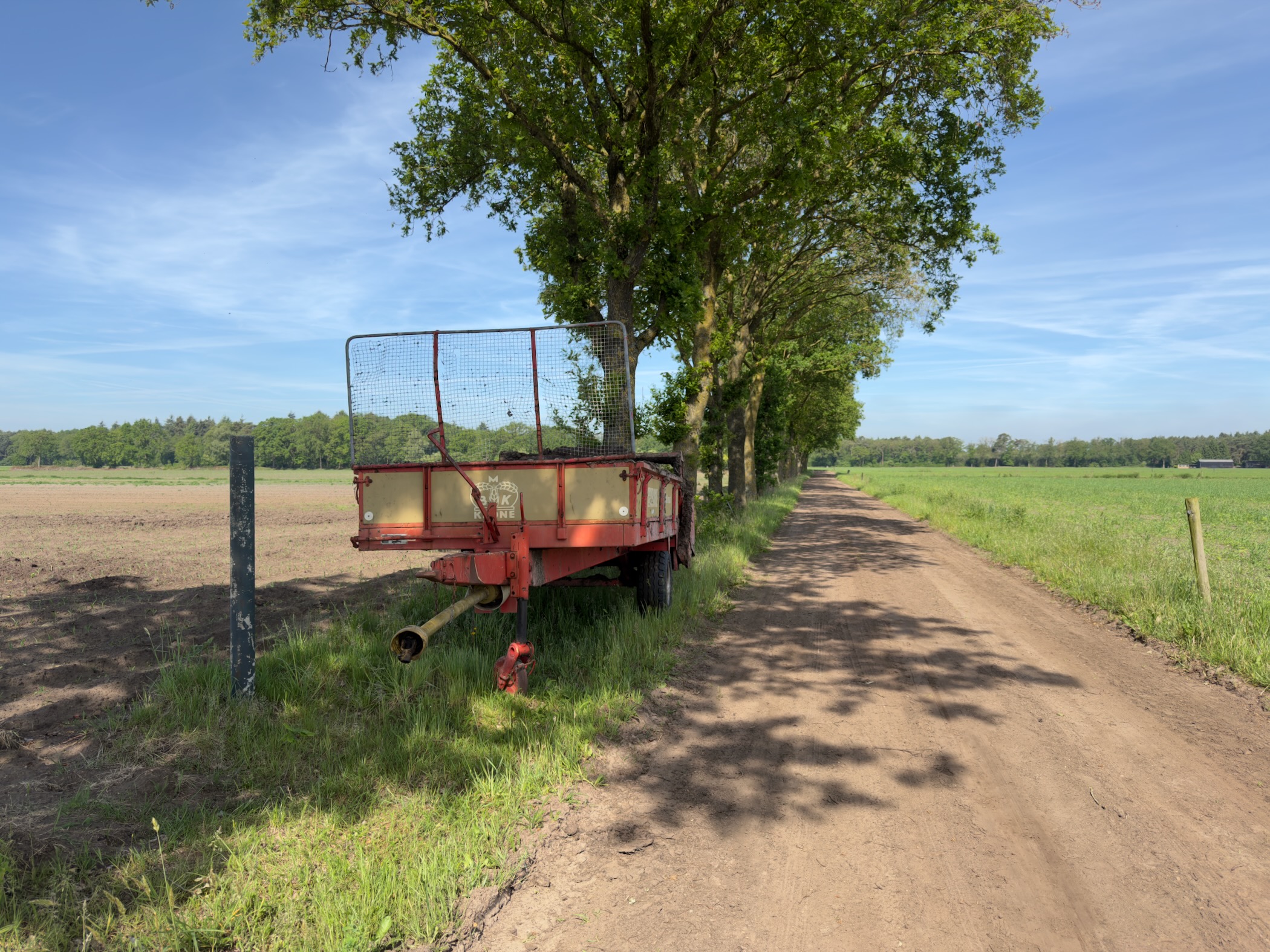 Old red farm trailer parked beneath an oak tree at the edge of a field