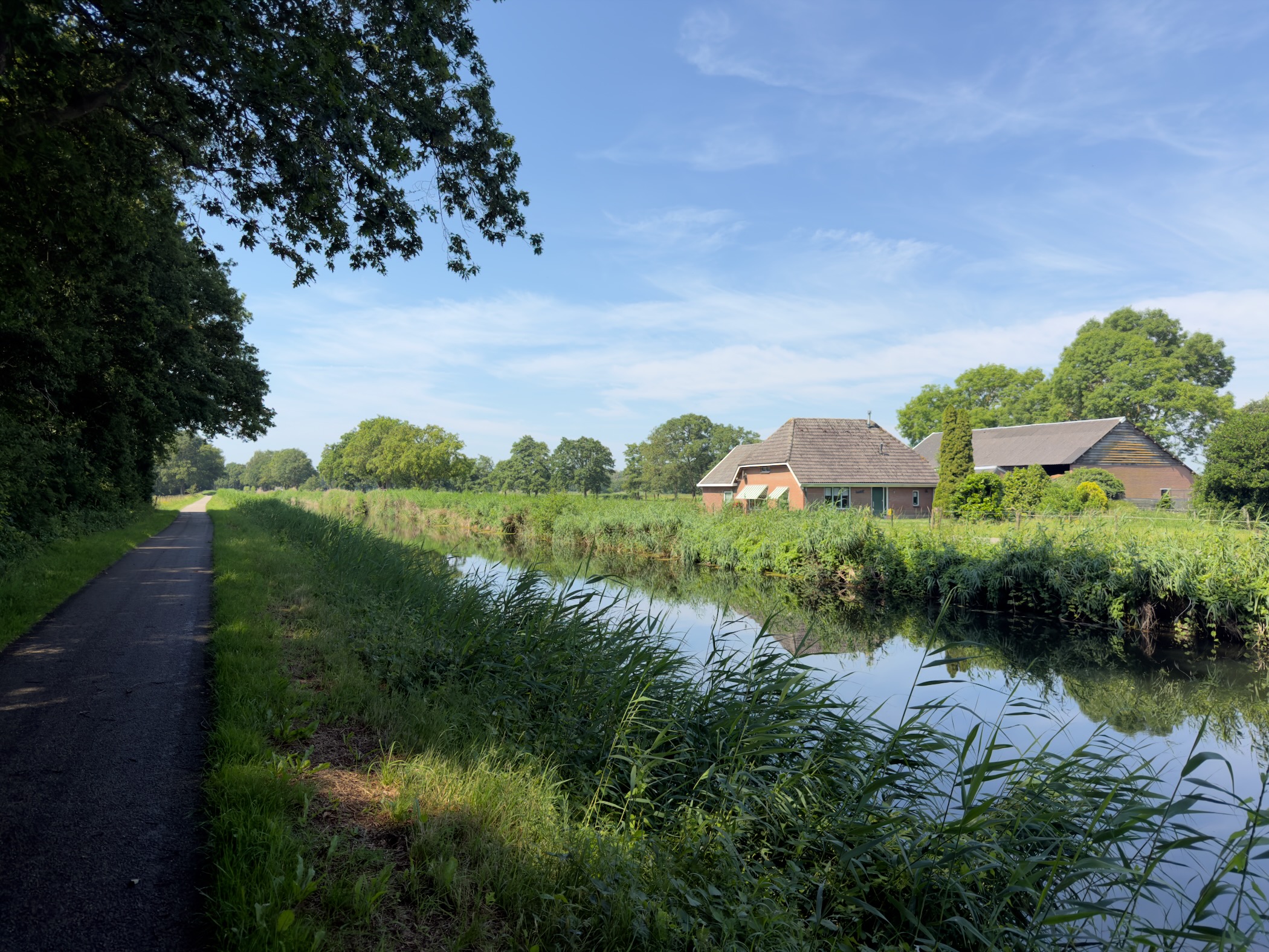 A paved path beside a reed-lined canal, with farmhouses among trees on the far bank.