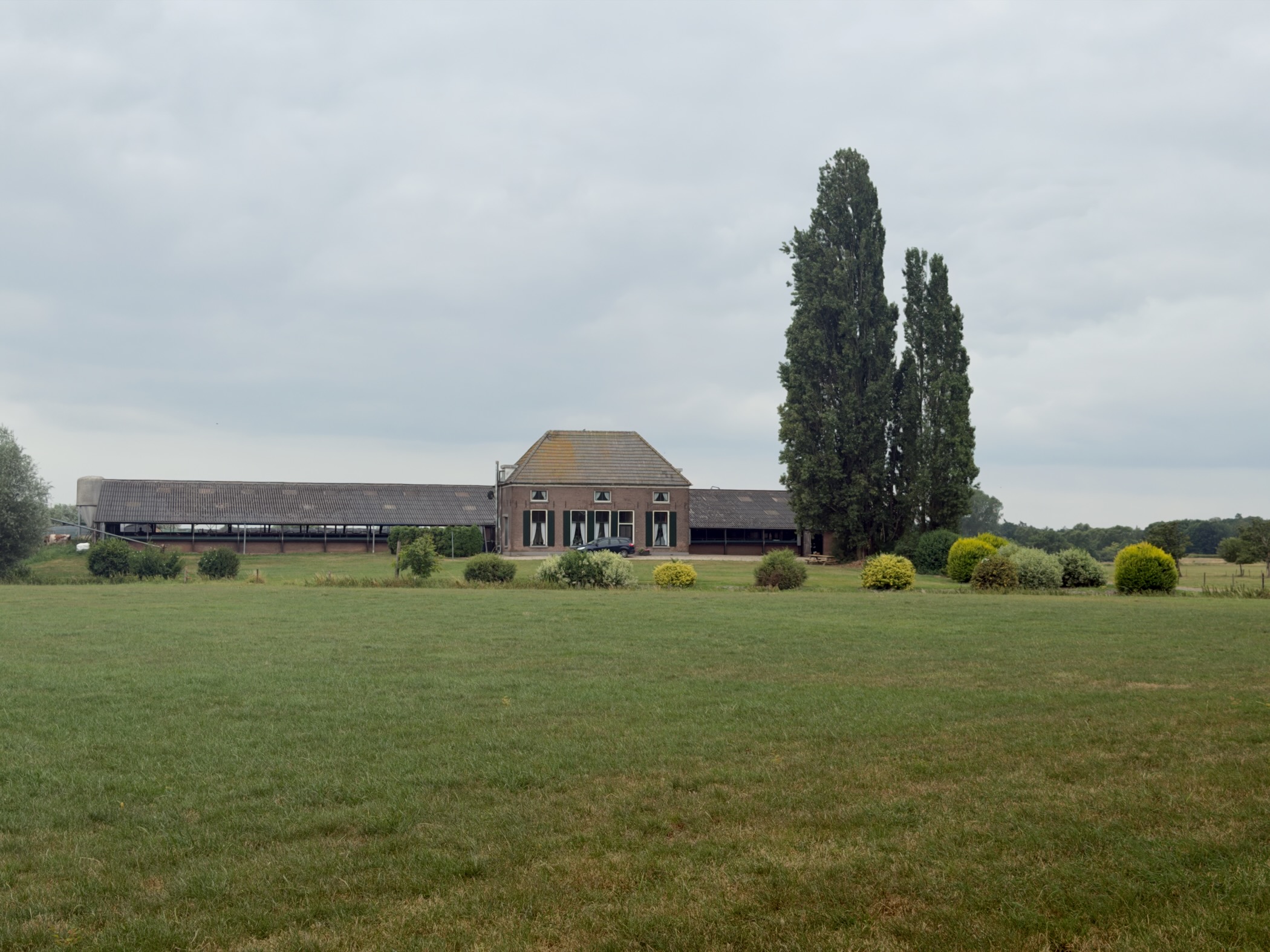 A long brick farmstead with a central house and tall poplars set across a wide green meadow.