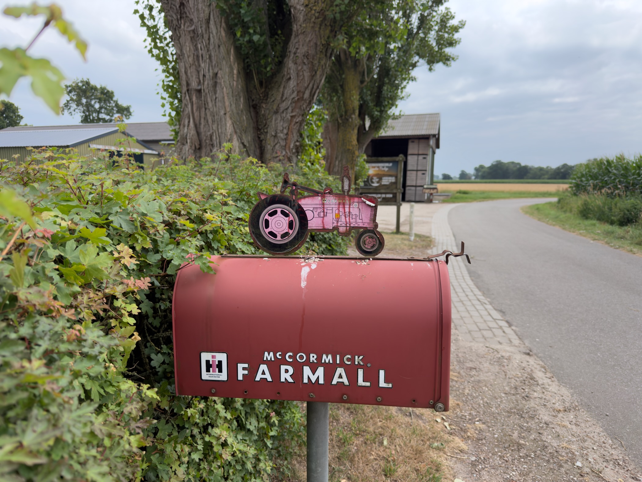 A red McCormick Farmall mailbox with a pink tractor figure on top, beside a hedge on a farm lane.