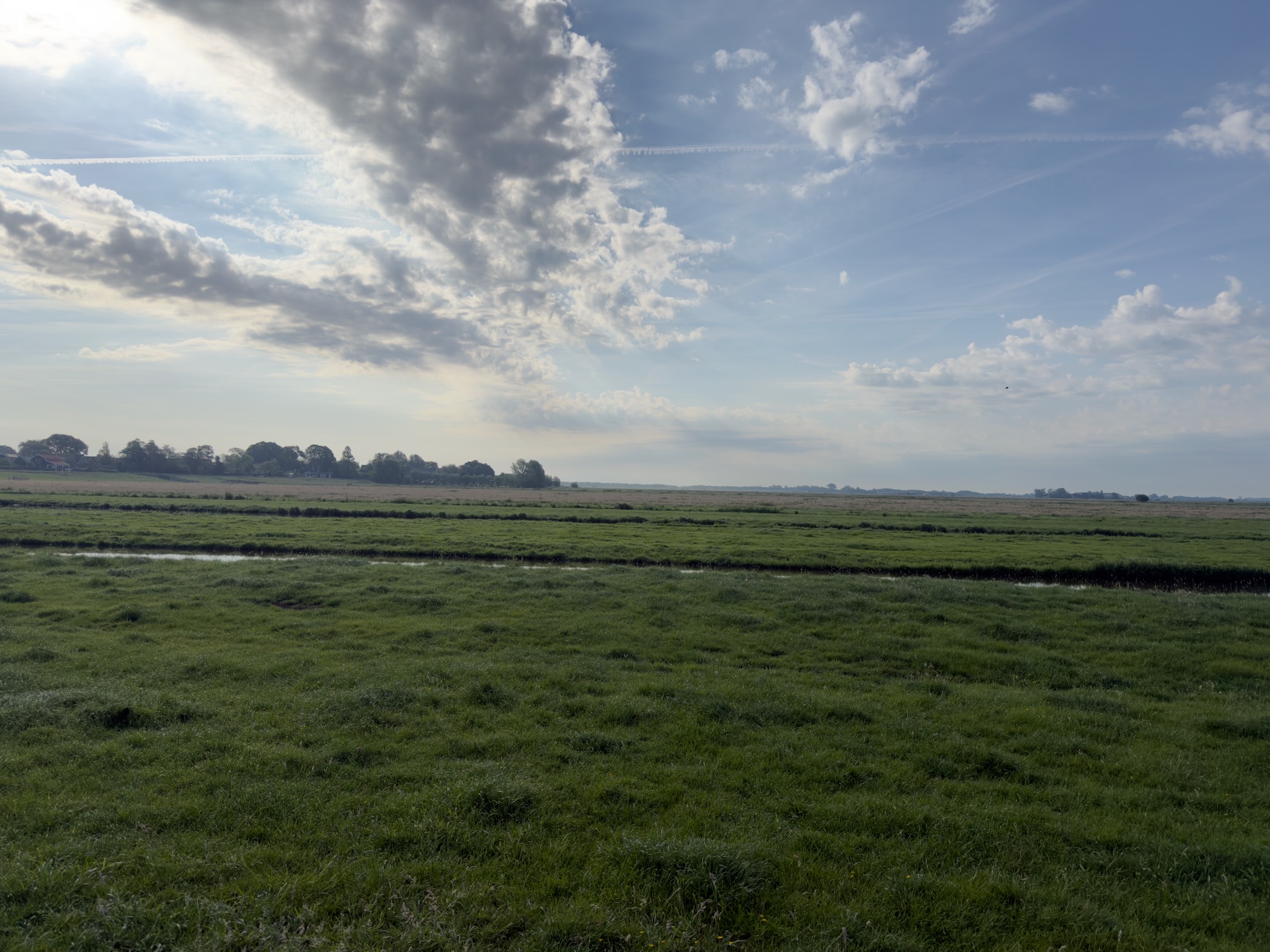 Wide green polder meadow with a narrow watercourse and a distant line of trees under a big sky streaked with cloud and contrails