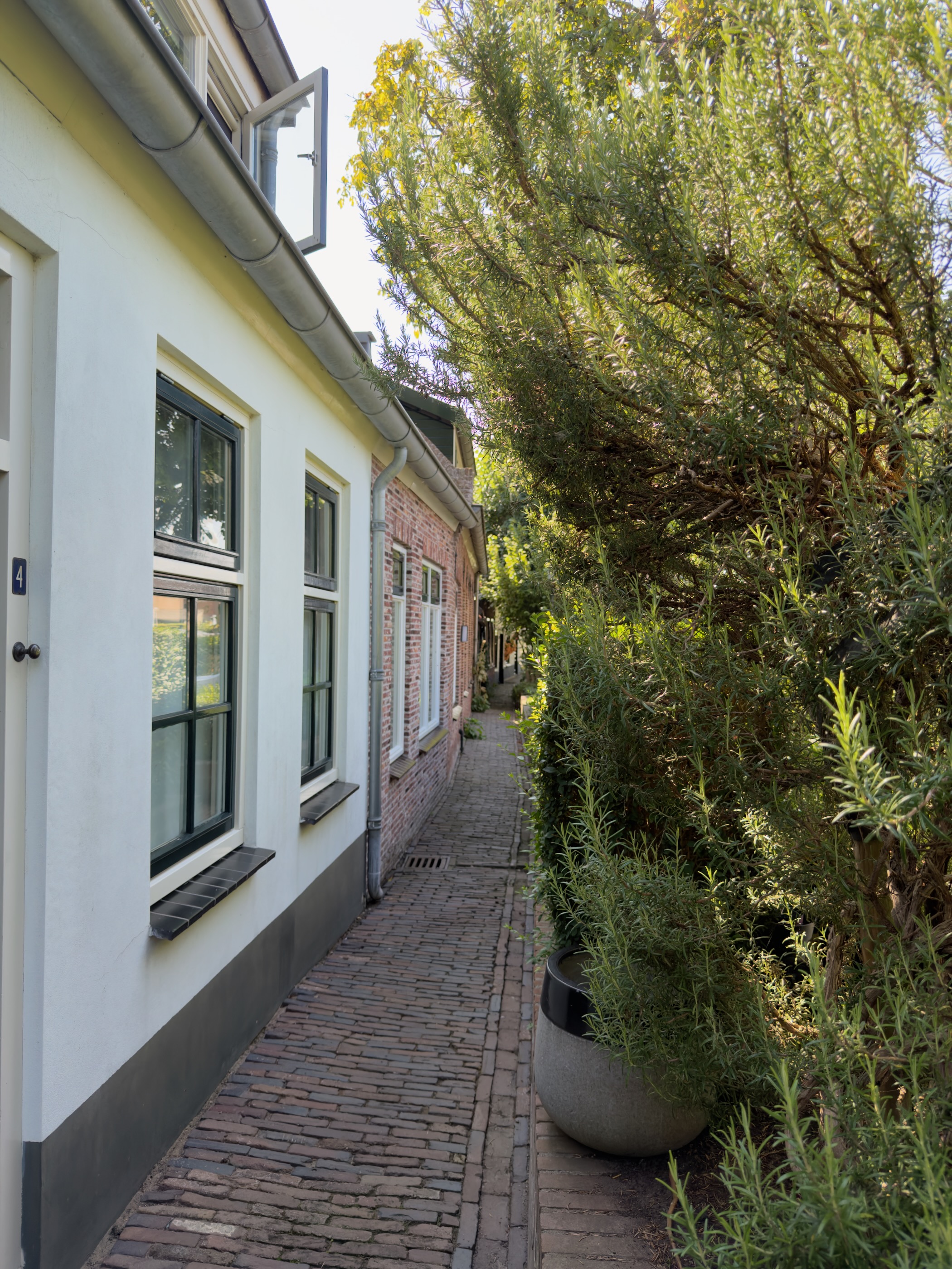 Narrow brick-paved alley between a white cottage and dense garden shrubs