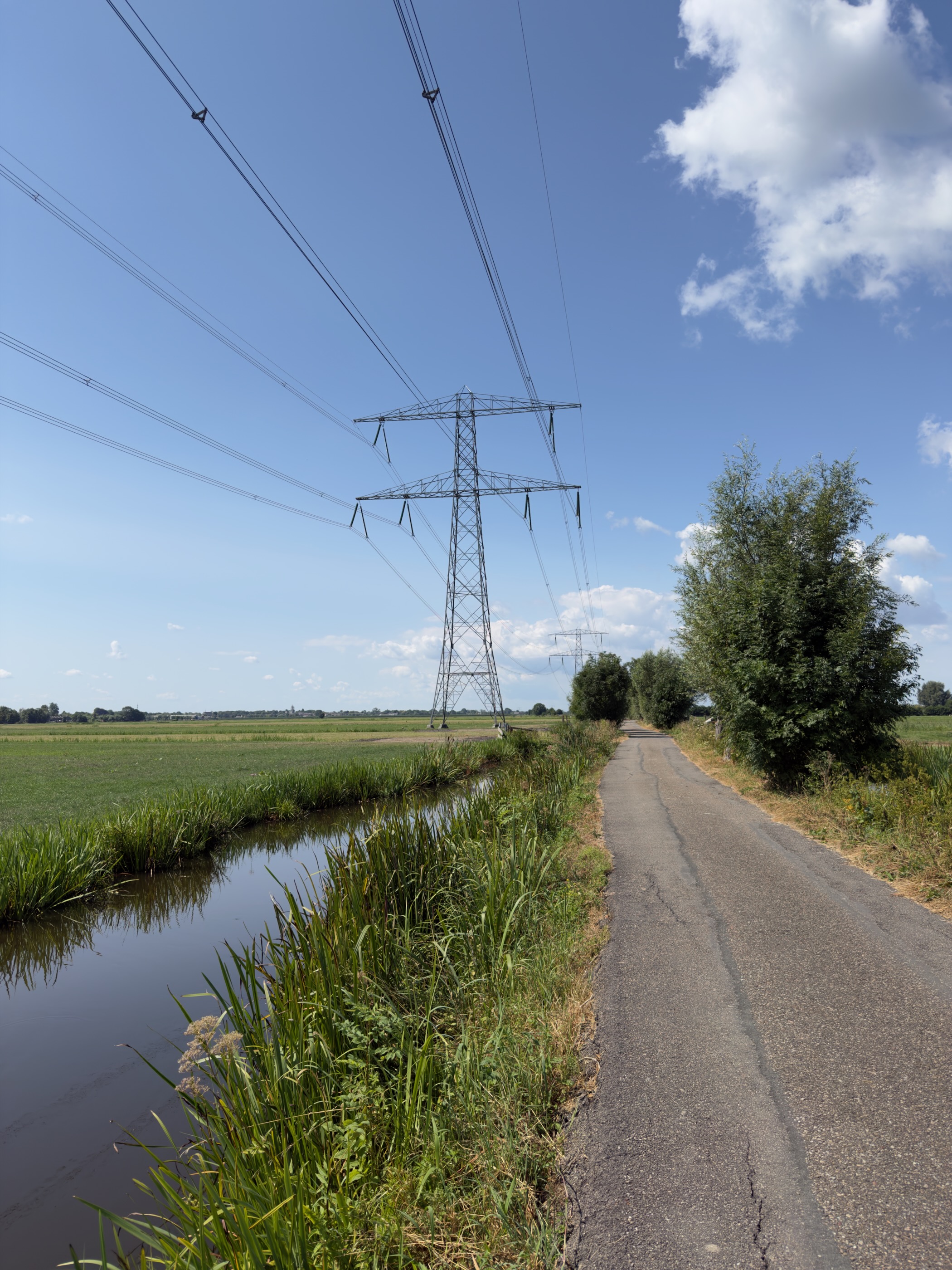 Country road beside a ditch running under a line of tall electricity pylons across open polder