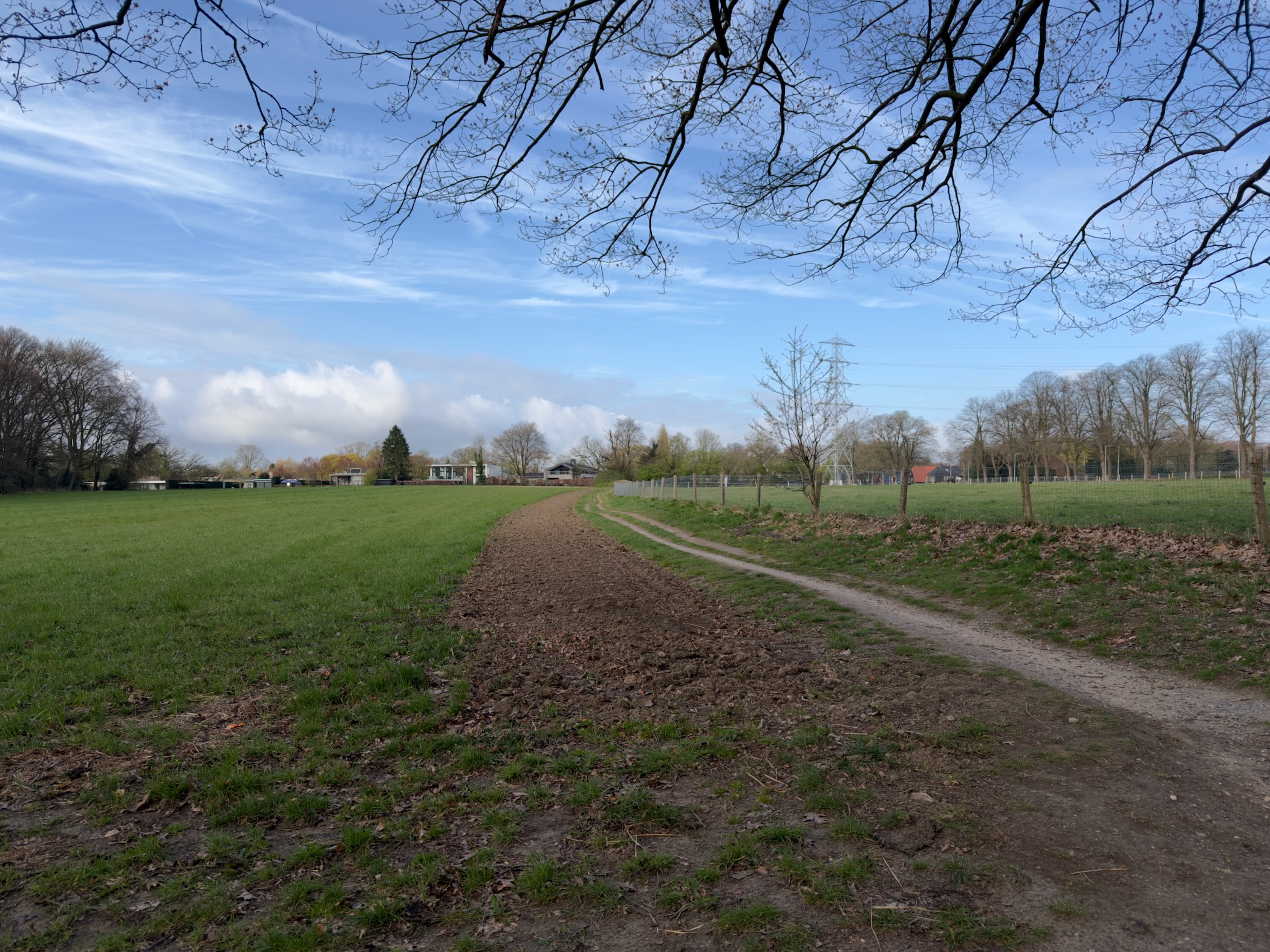 Dirt path across open meadows toward houses on the horizon