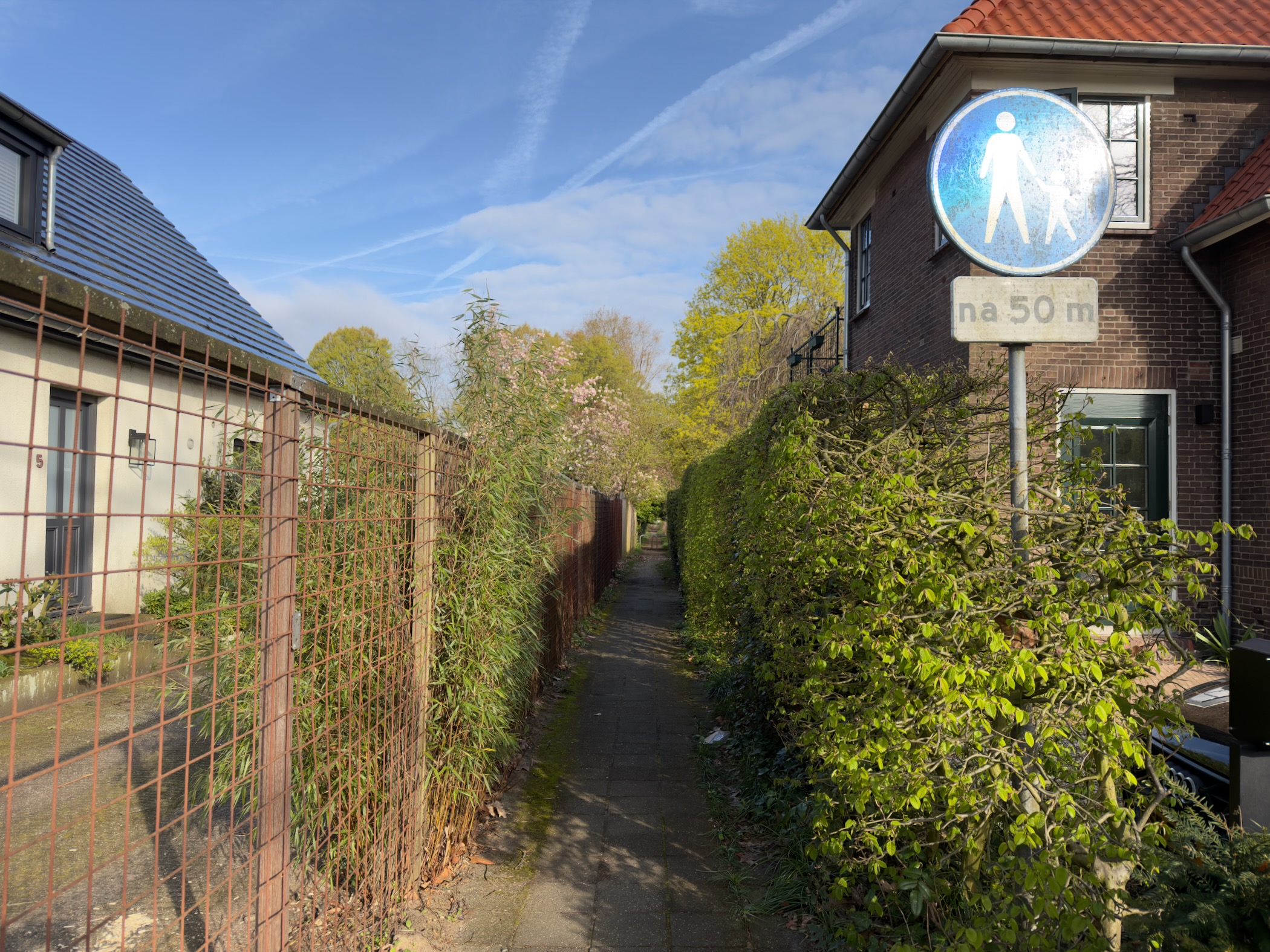 Narrow pedestrian alley between houses with a pedestrian zone sign