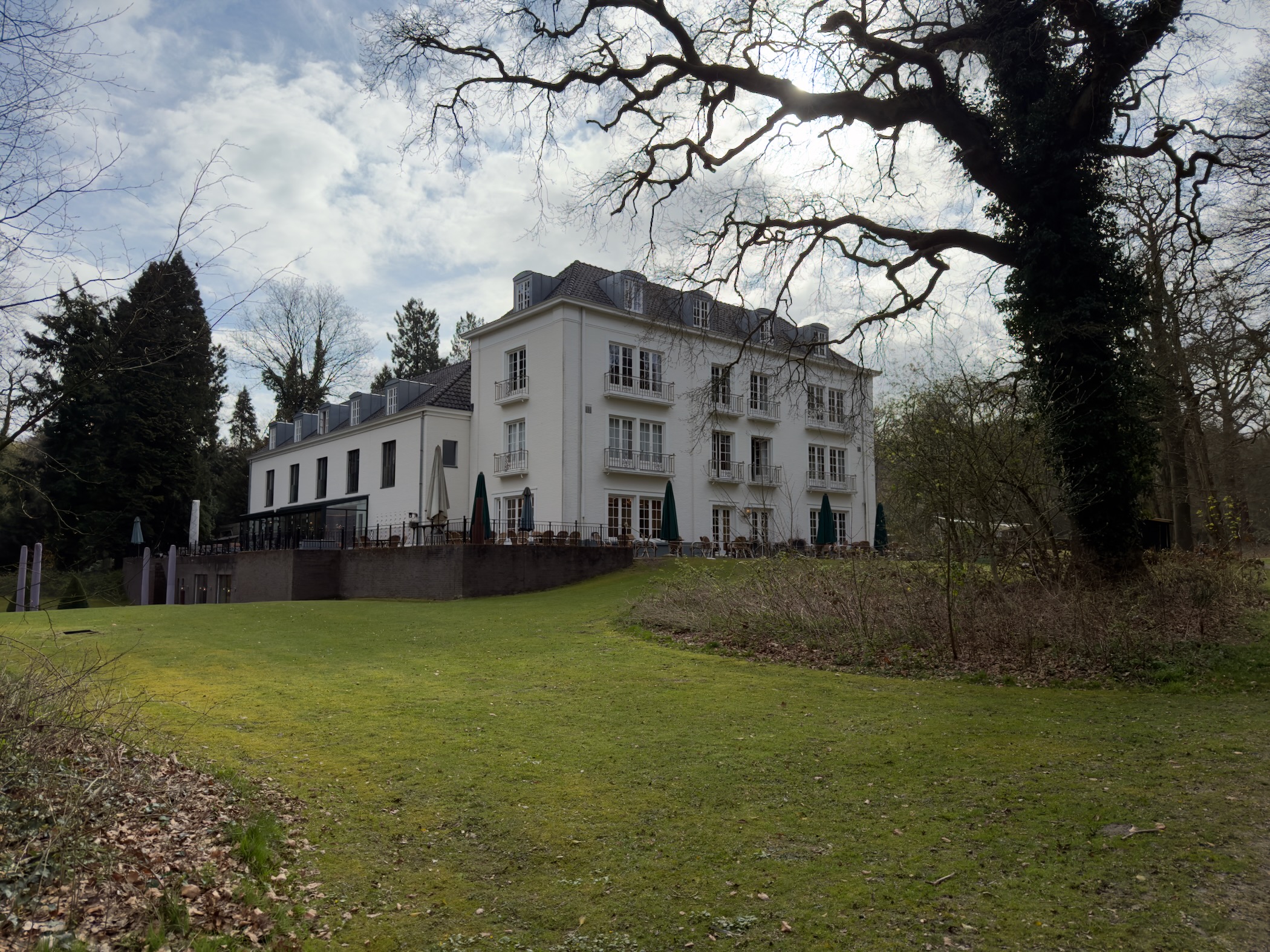 White manor house on a hillside with a manicured lawn and large oak tree