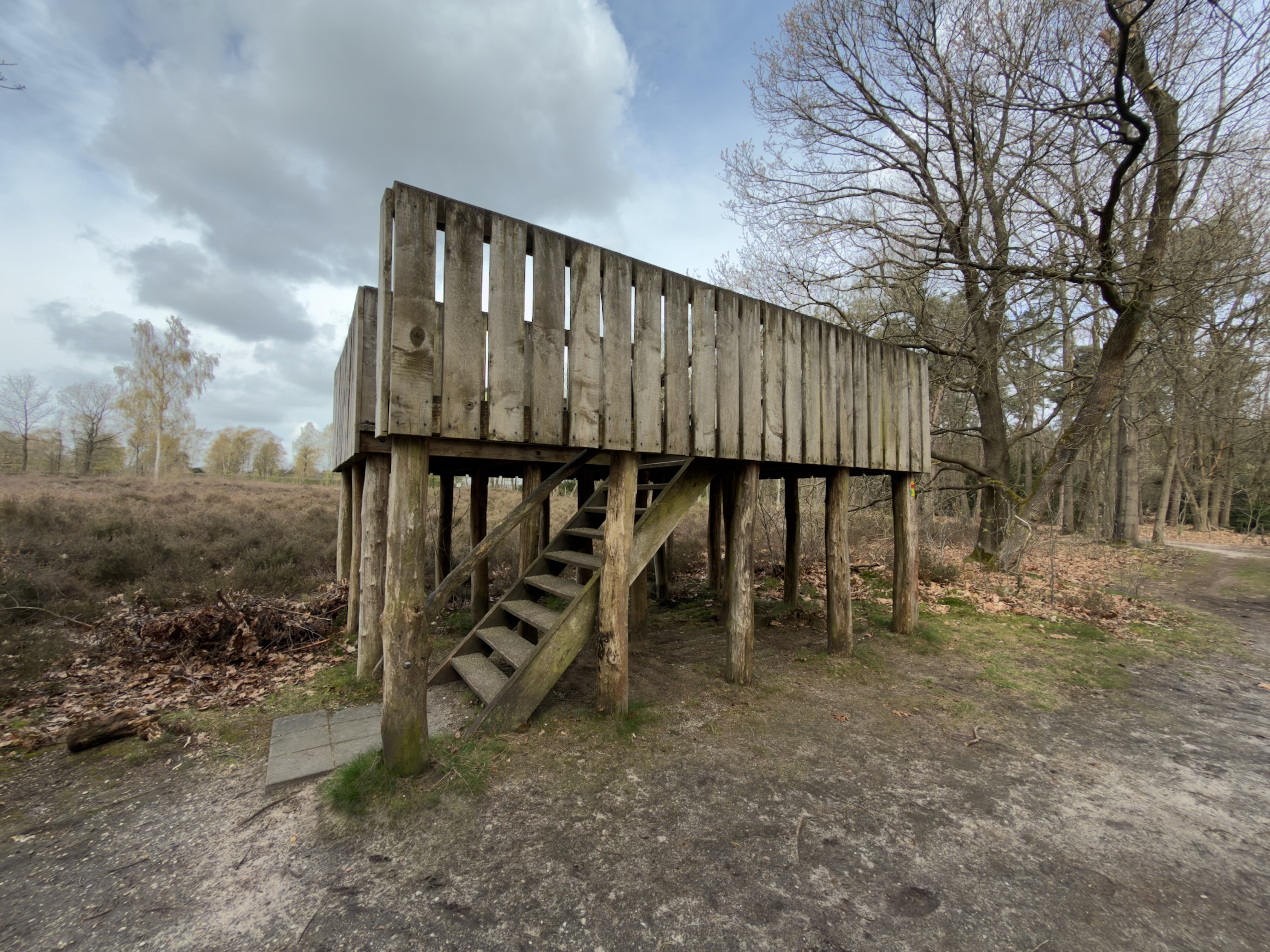 Wooden wildlife observation platform with steps on the edge of heathland