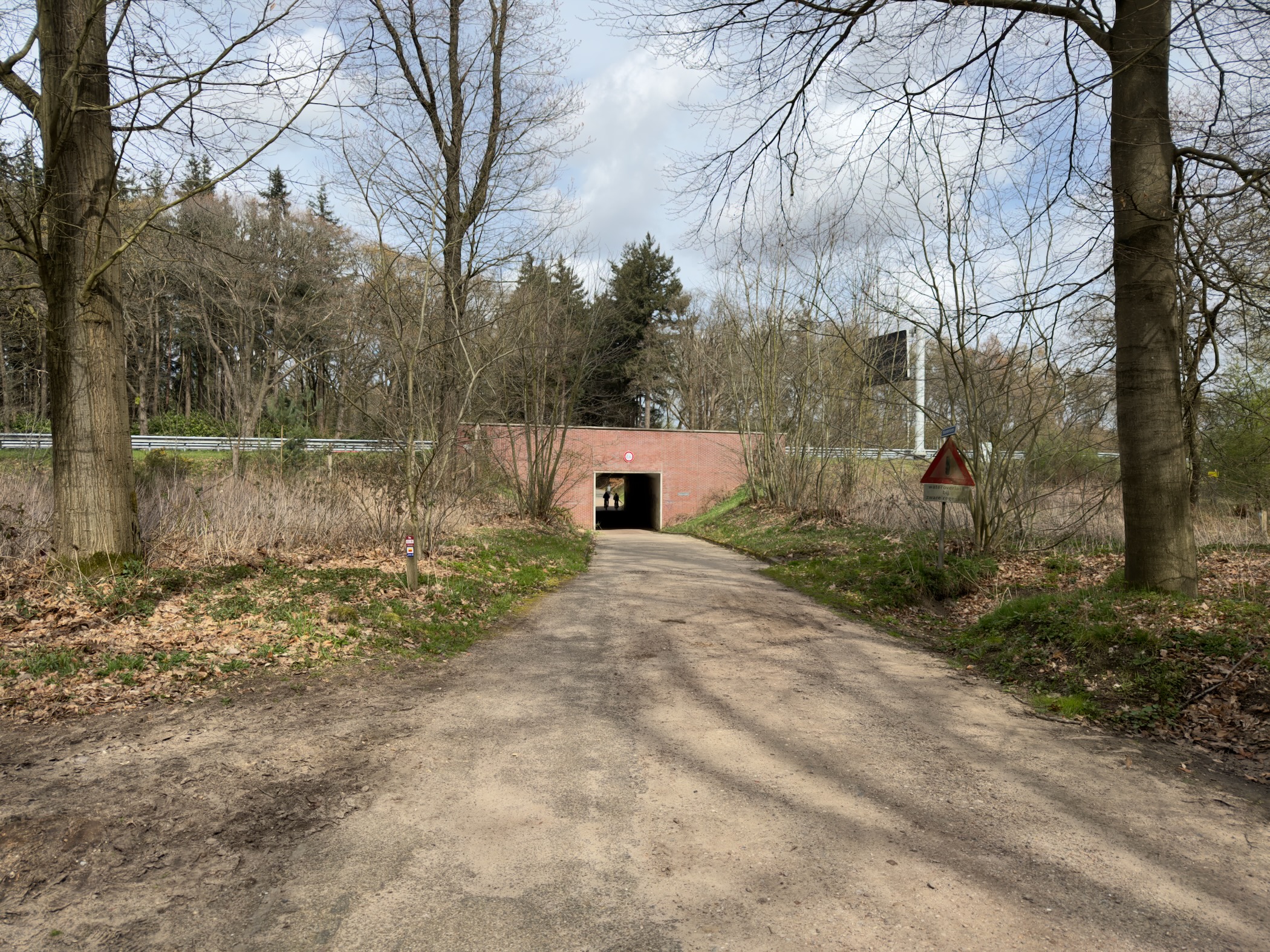 Brick underpass beneath a road leading into forest
