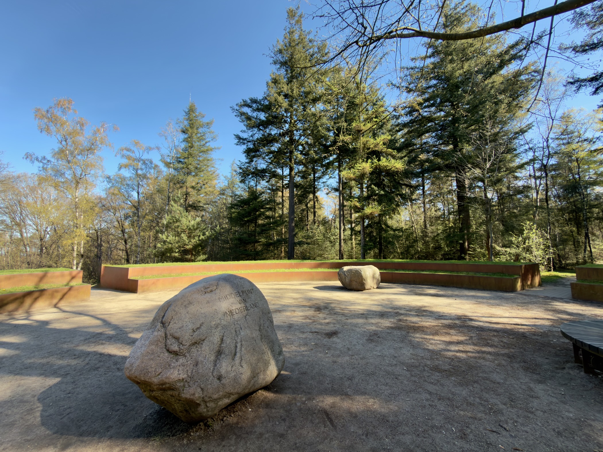 Open circular space with large boulders surrounded by tall pine trees