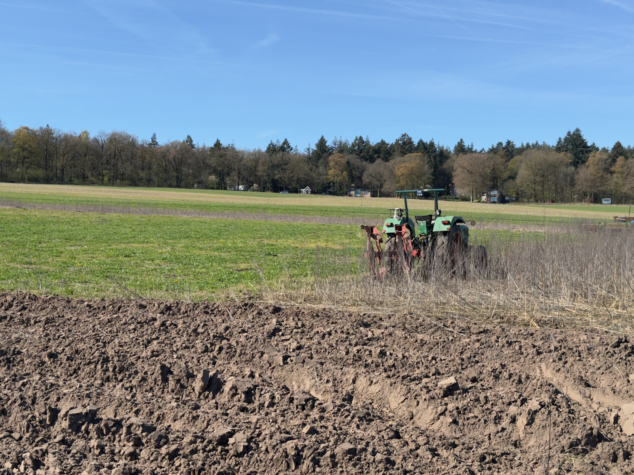 Red tractor ploughing a field at the edge of woodland