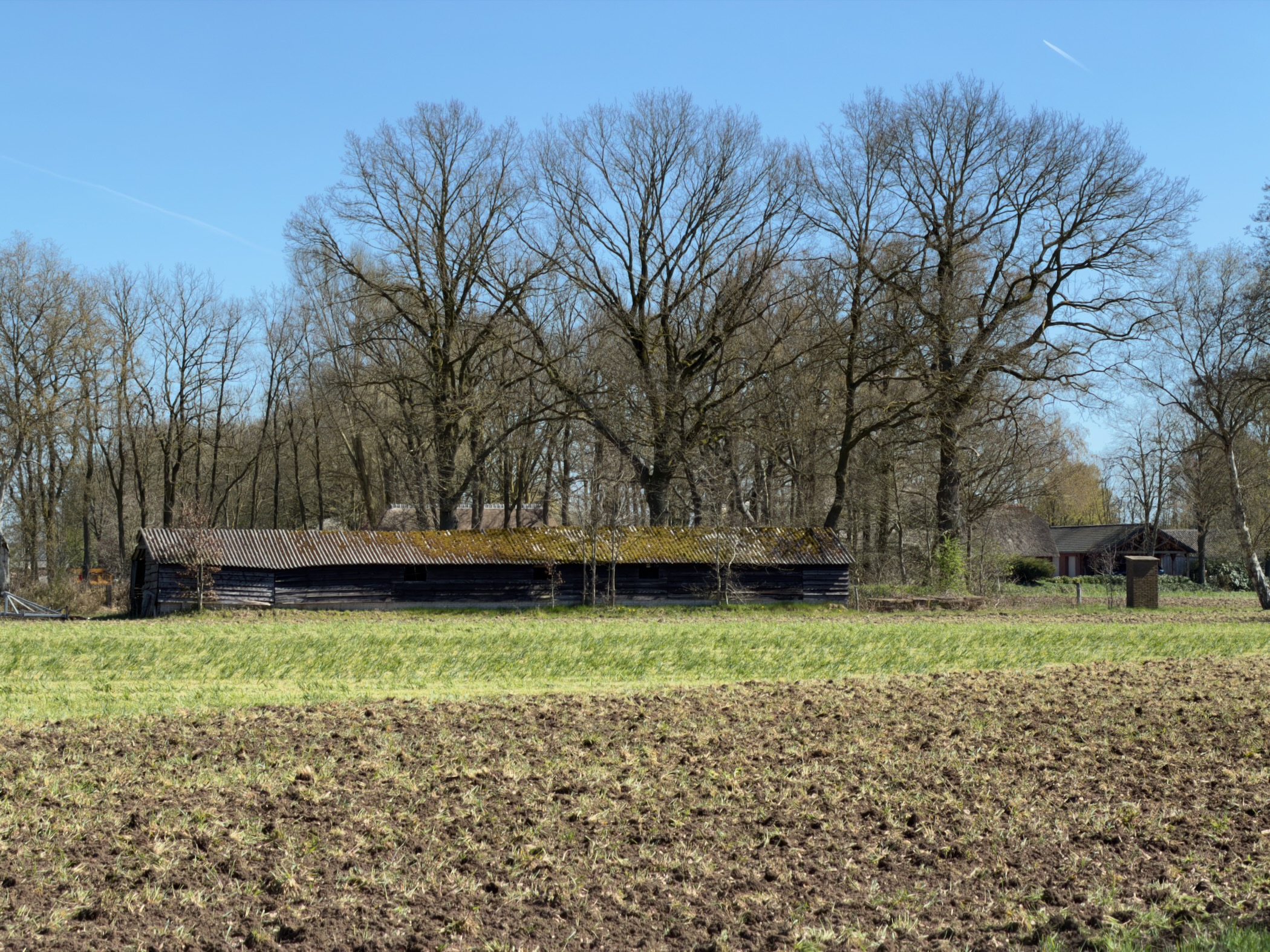 Traditional dark wooden barn with sod roof beyond a freshly tilled field