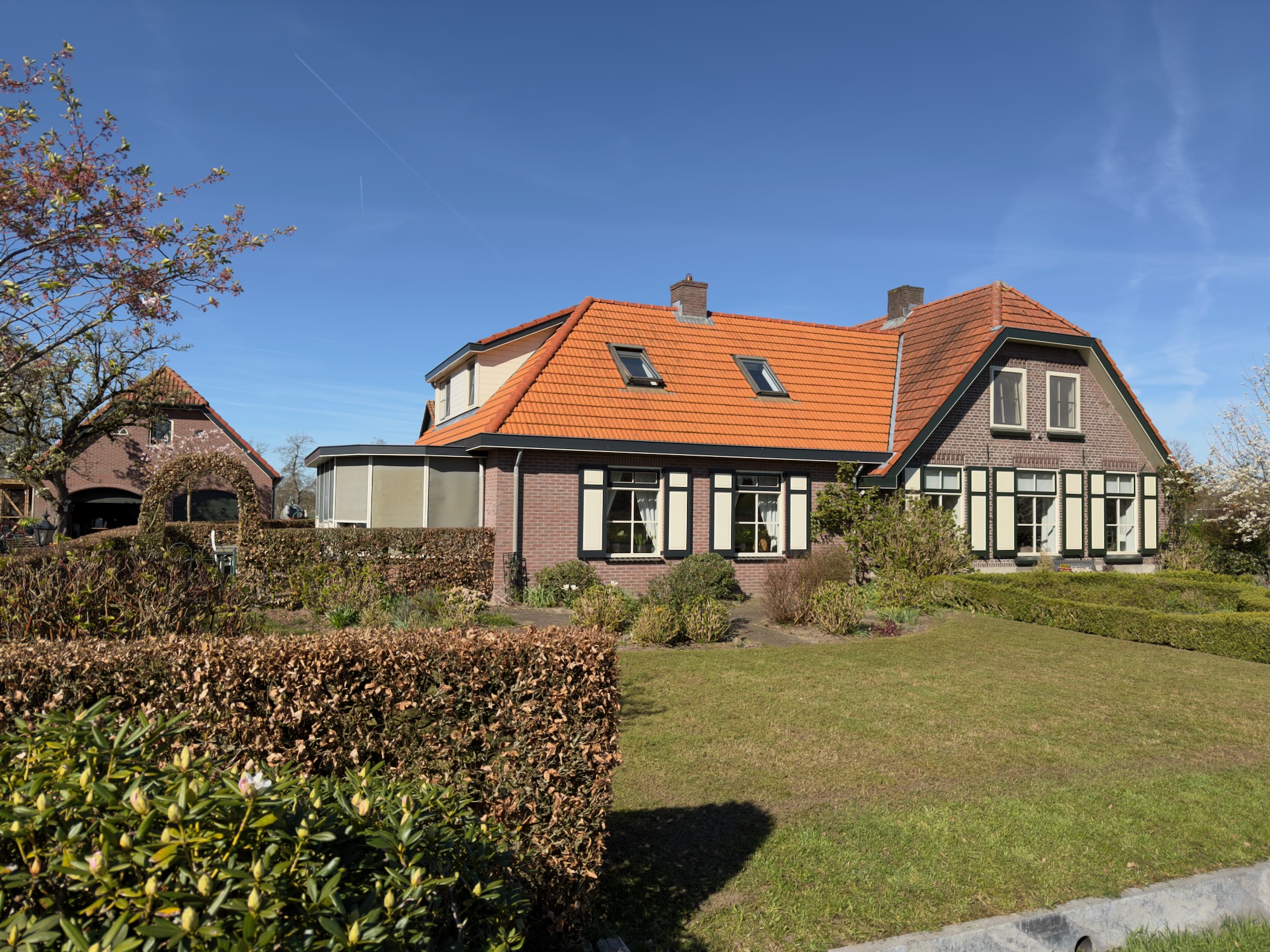 Dutch farmhouse with orange roof tiles and a trimmed beech hedge