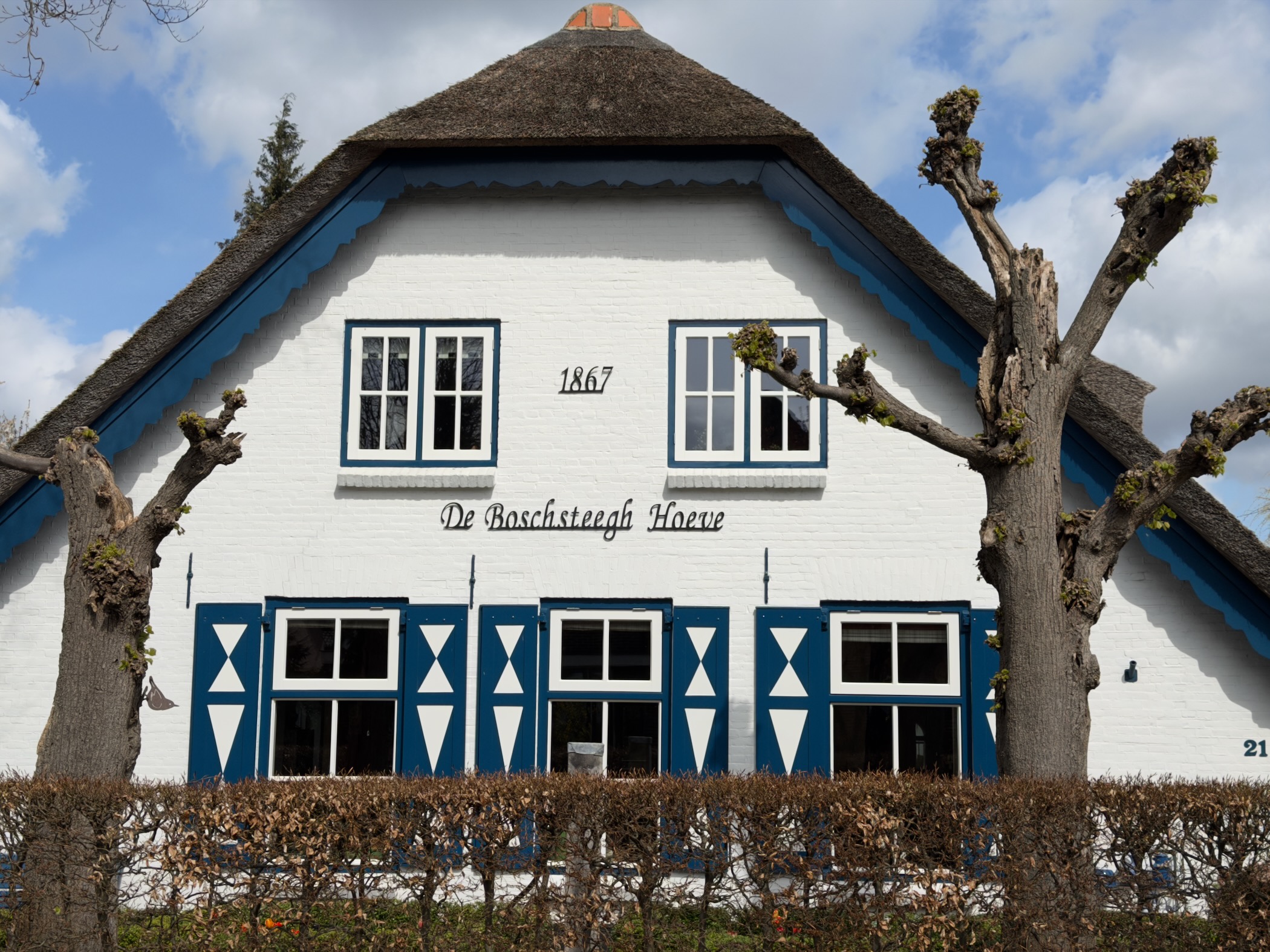 Thatched-roof farmhouse De Boschsteegh Hoeve from 1867 with blue shutters