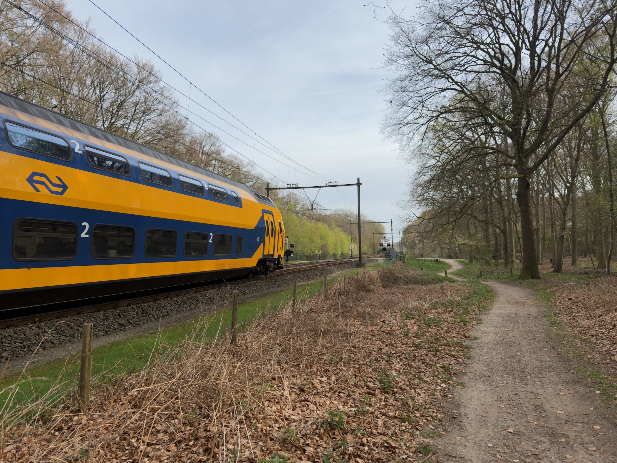 Yellow NS train passing along the trail beside the railway line