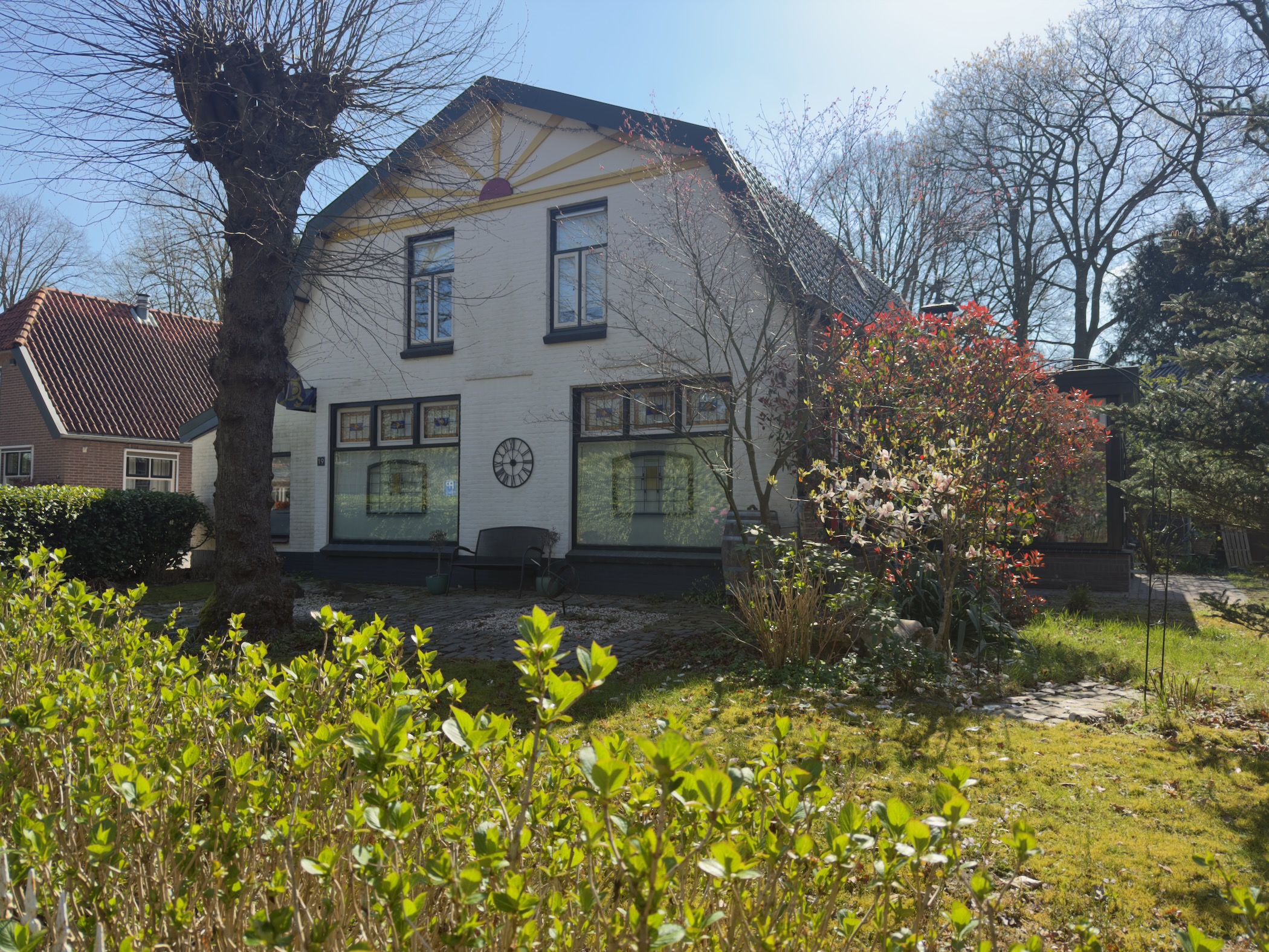 Traditional white farmhouse with a clock on the facade and blooming magnolia in the garden