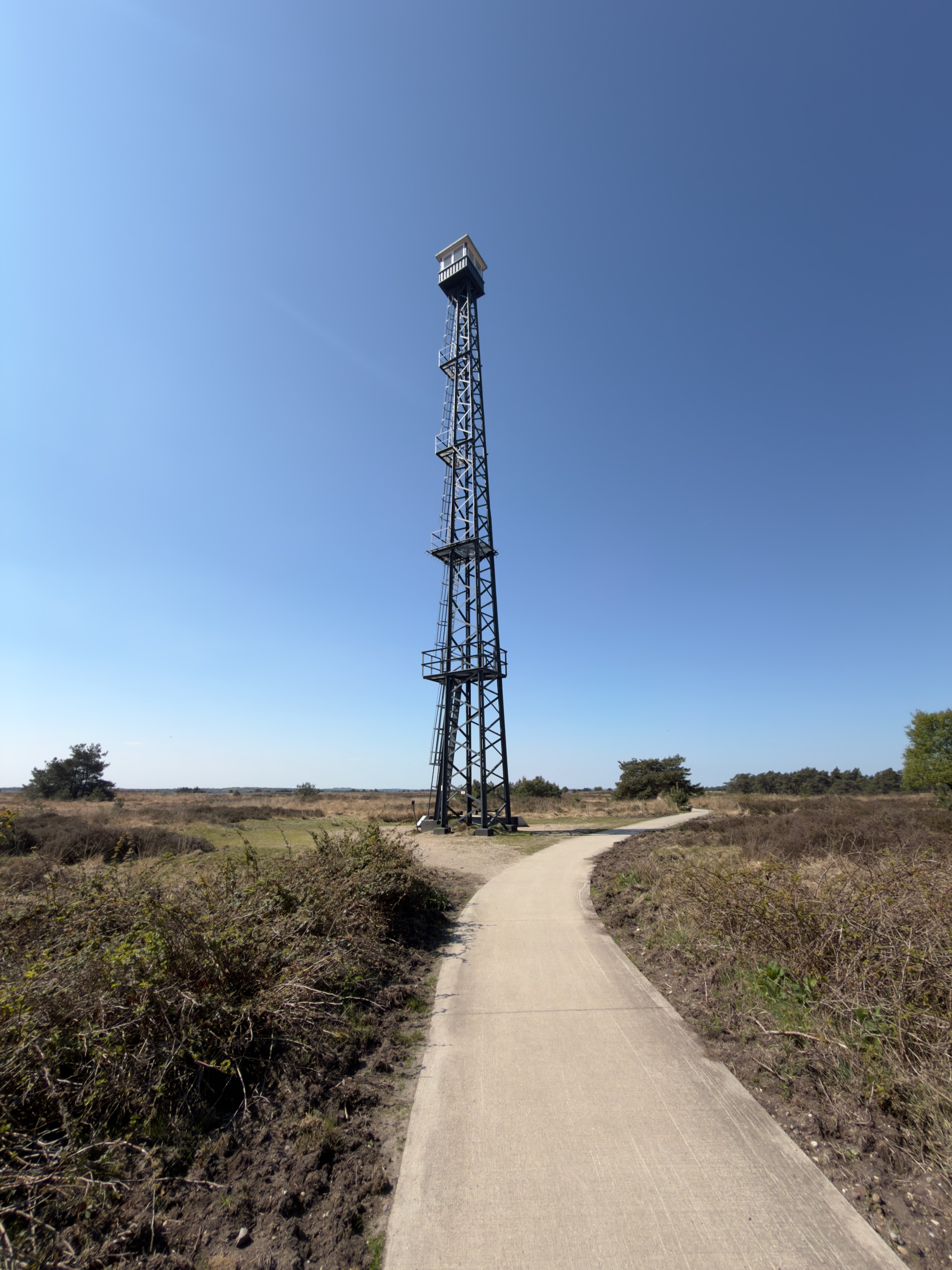 Tall steel fire-watchtower beside a paved path on the heath
