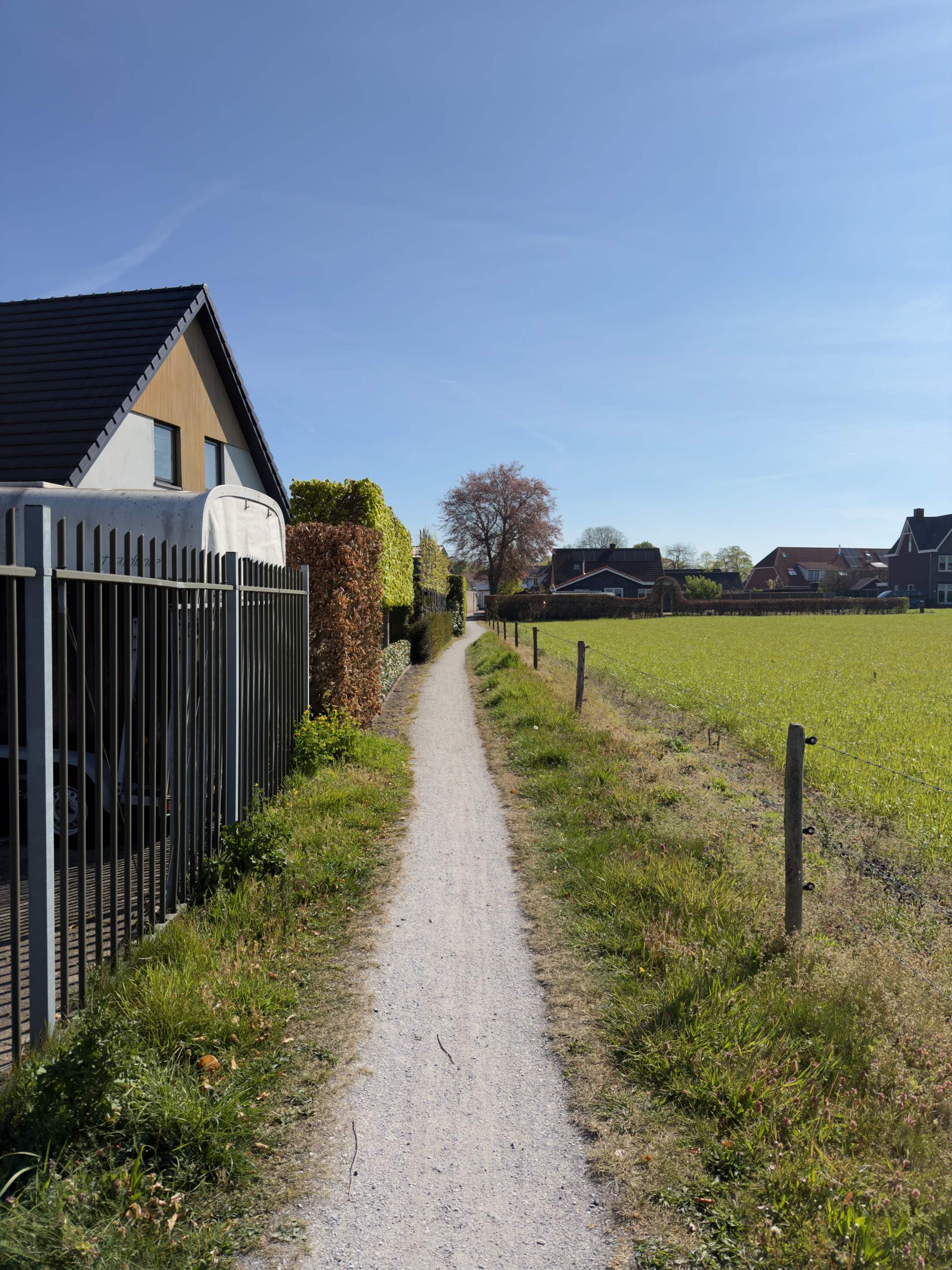 Narrow sandy footpath between a metal fence and open field leading into Elspeet