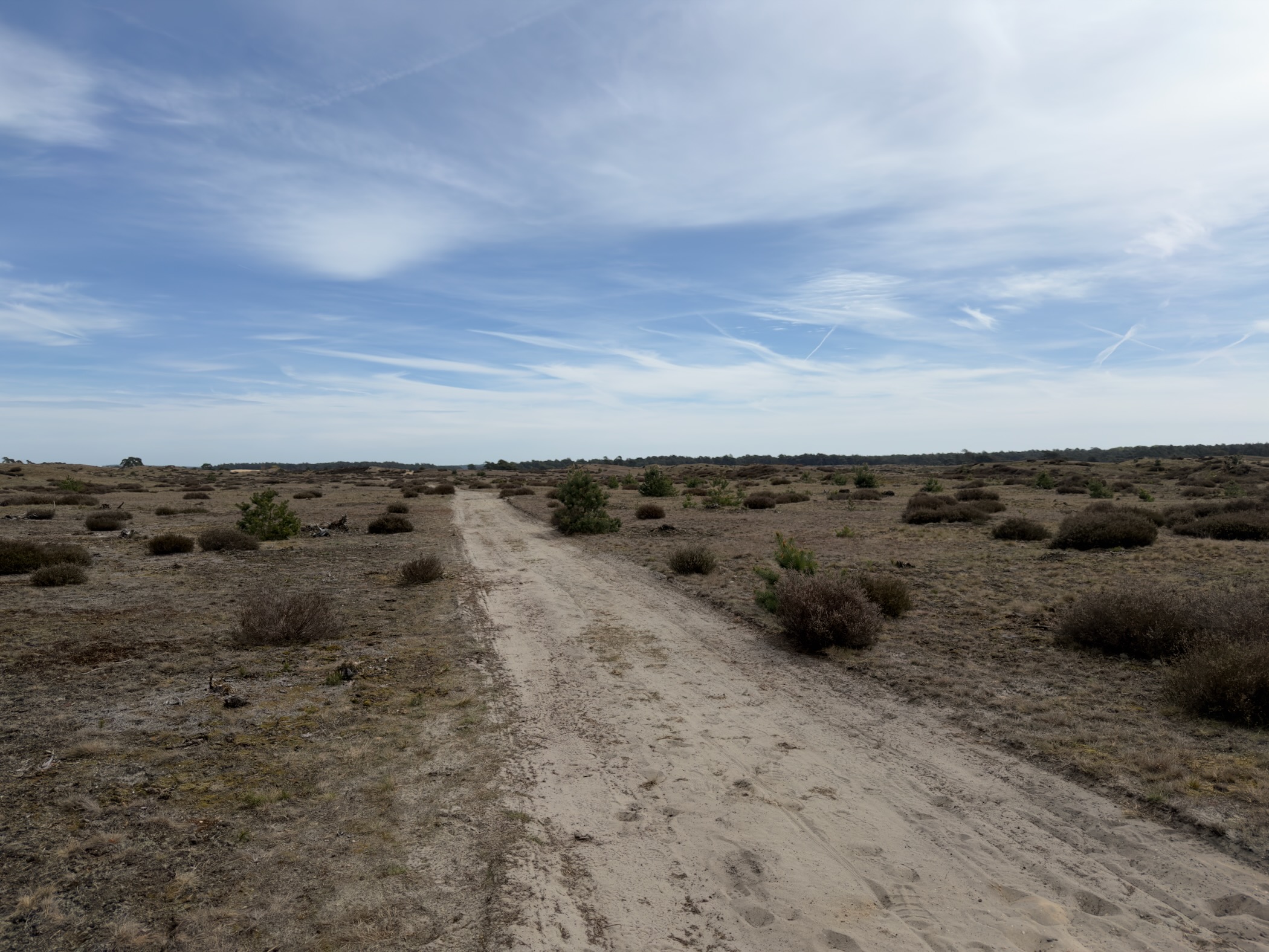 Wide sandy track across open heath under a cloudy blue sky